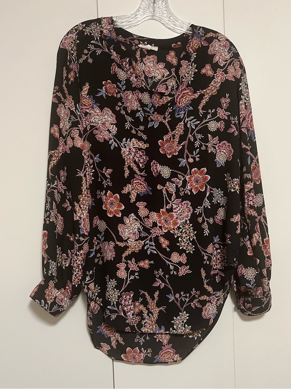 Maurices Black Floral Long-Sleeve Blouse with Pink & Cream Blooms